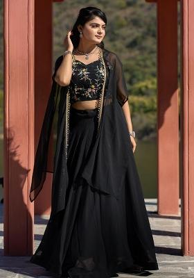 Black Embroidered Georgette Lehenga Set With Dupatta