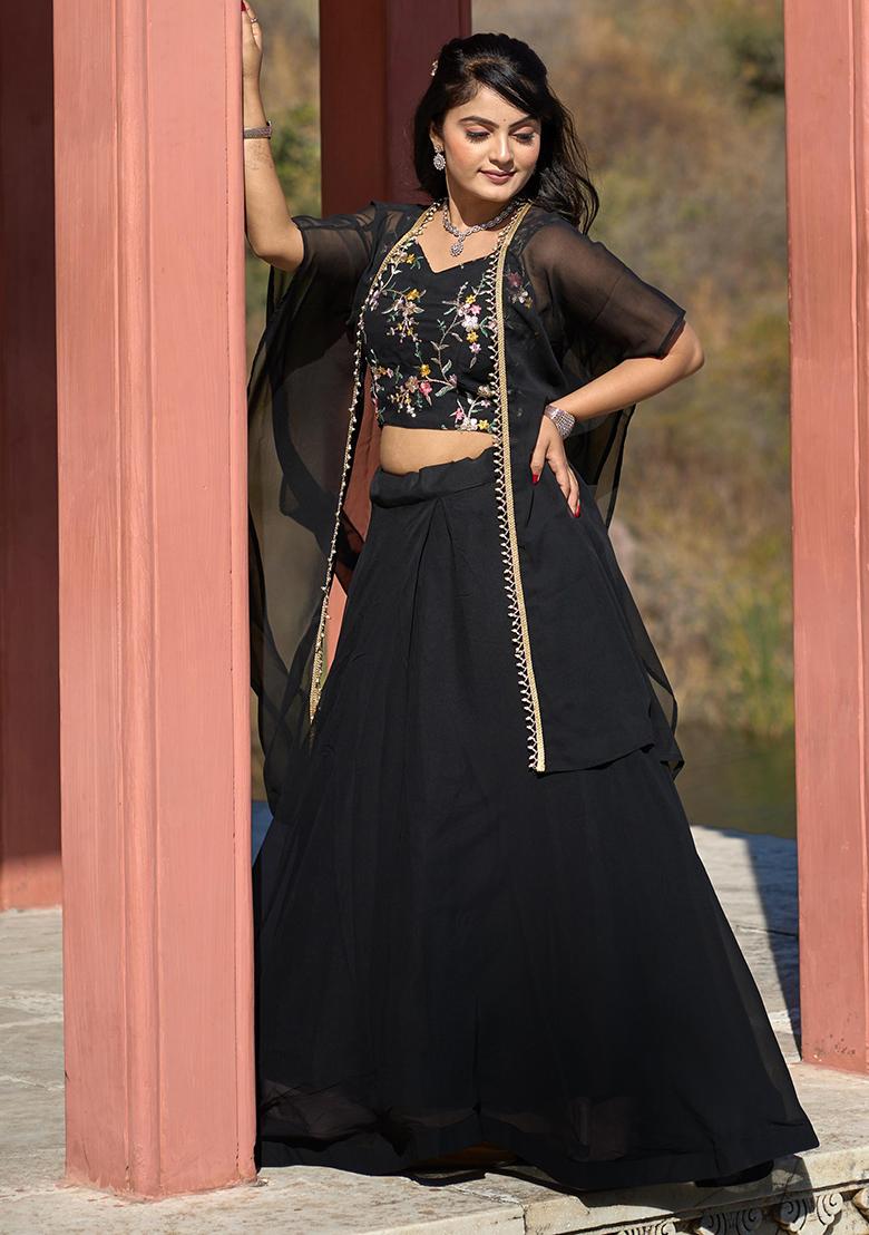 Black Embroidered Georgette Lehenga Set With Dupatta - Indya