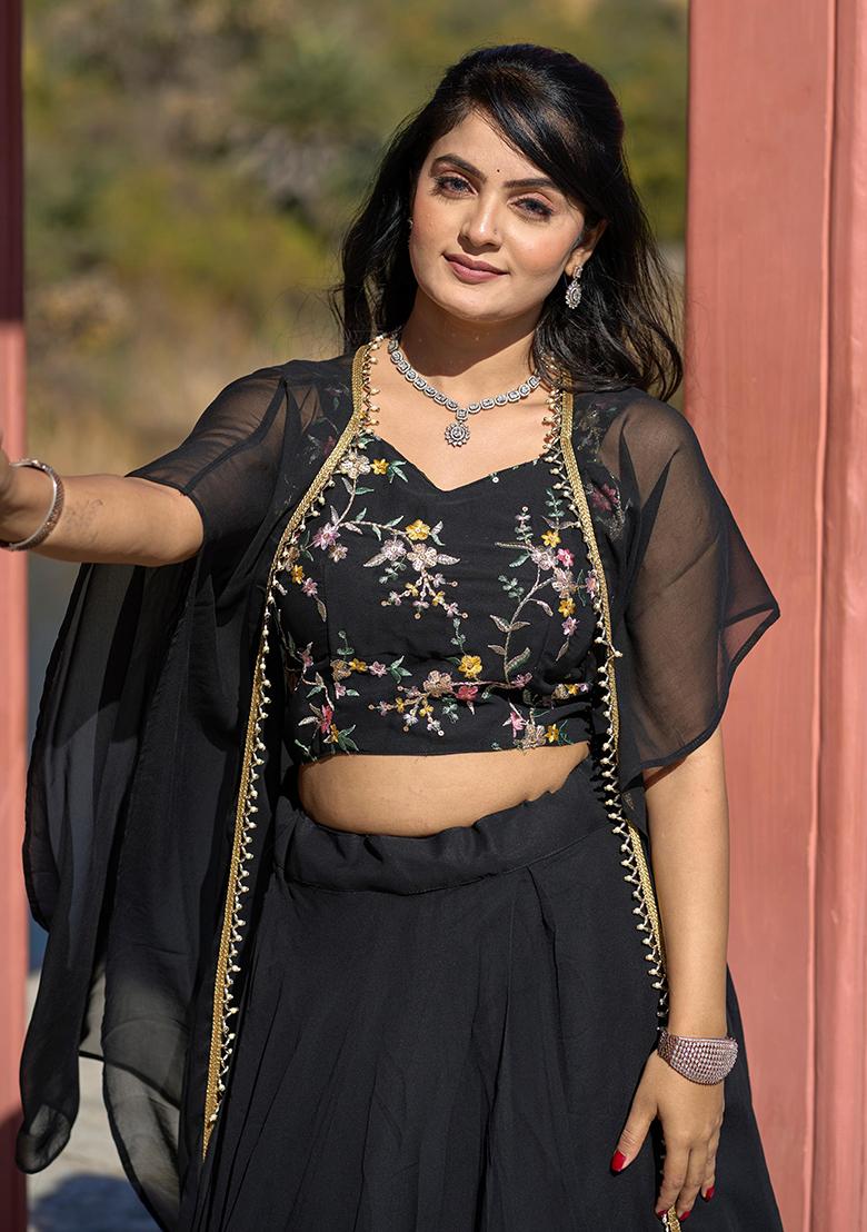 Black Embroidered Georgette Lehenga Set With Dupatta - Indya