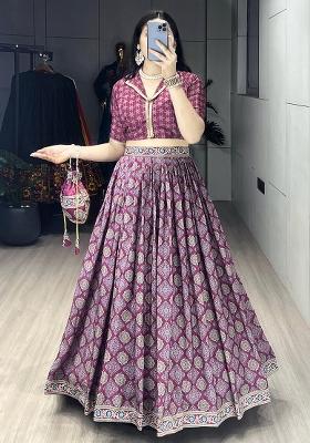 Wine Embroidered Silk Lehenga Set With Dupatta