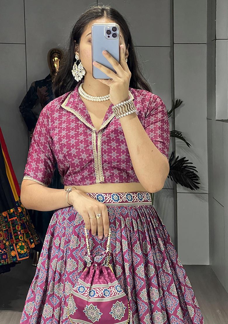 Wine Embroidered Silk Lehenga Set With Dupatta - Indya