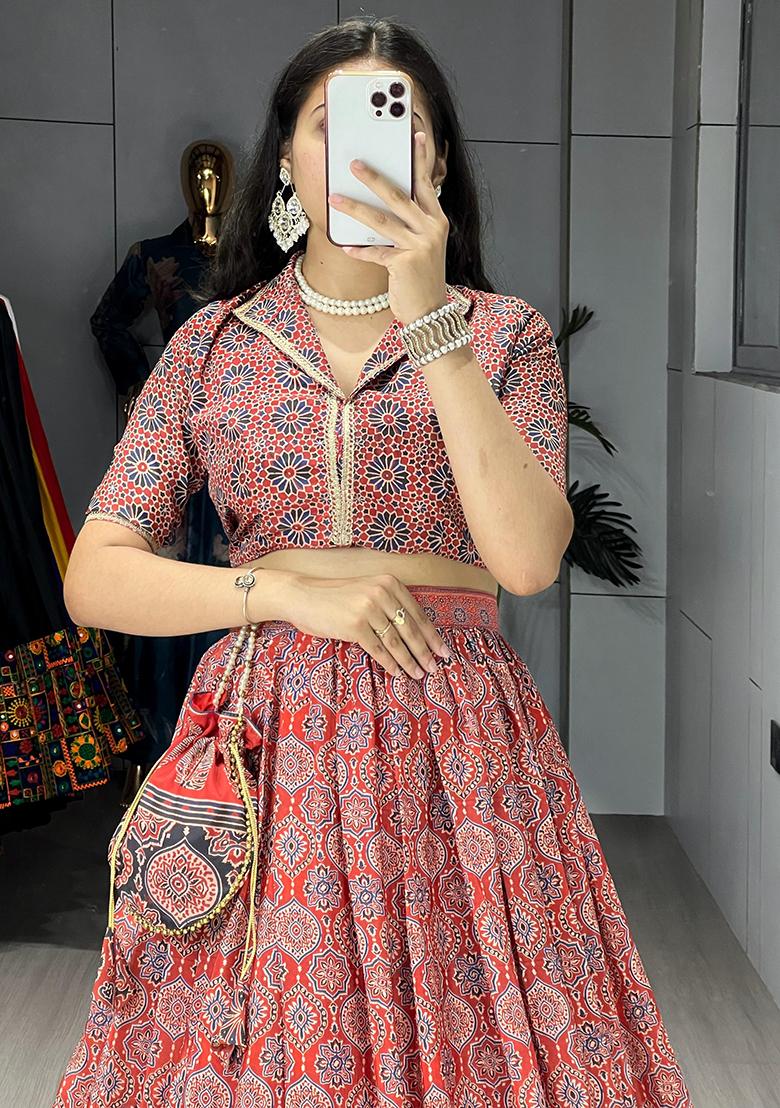 Orange Embroidered Silk Lehenga Set With Dupatta - Indya