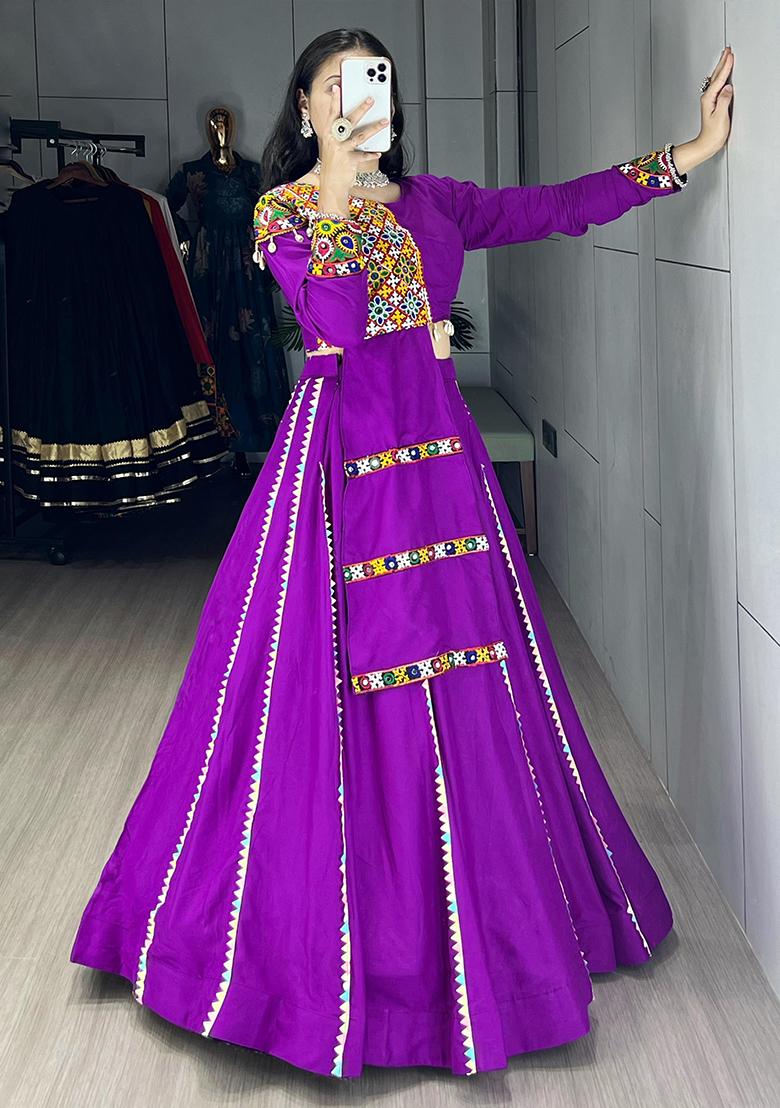 Purple Embroidered Rayon Lehenga Set With Dupatta - Indya