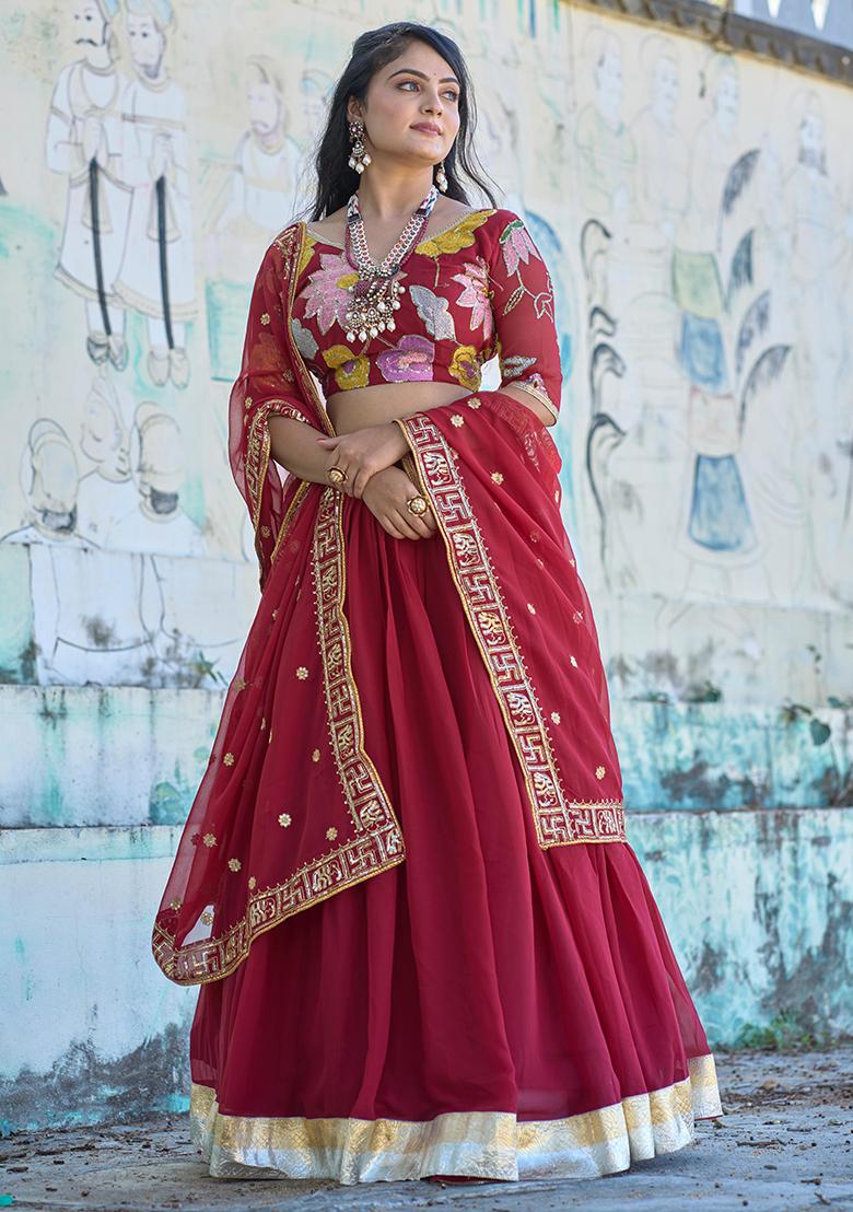 Maroon Embroidered Georgette Lehenga Set With Dupatta - Indya