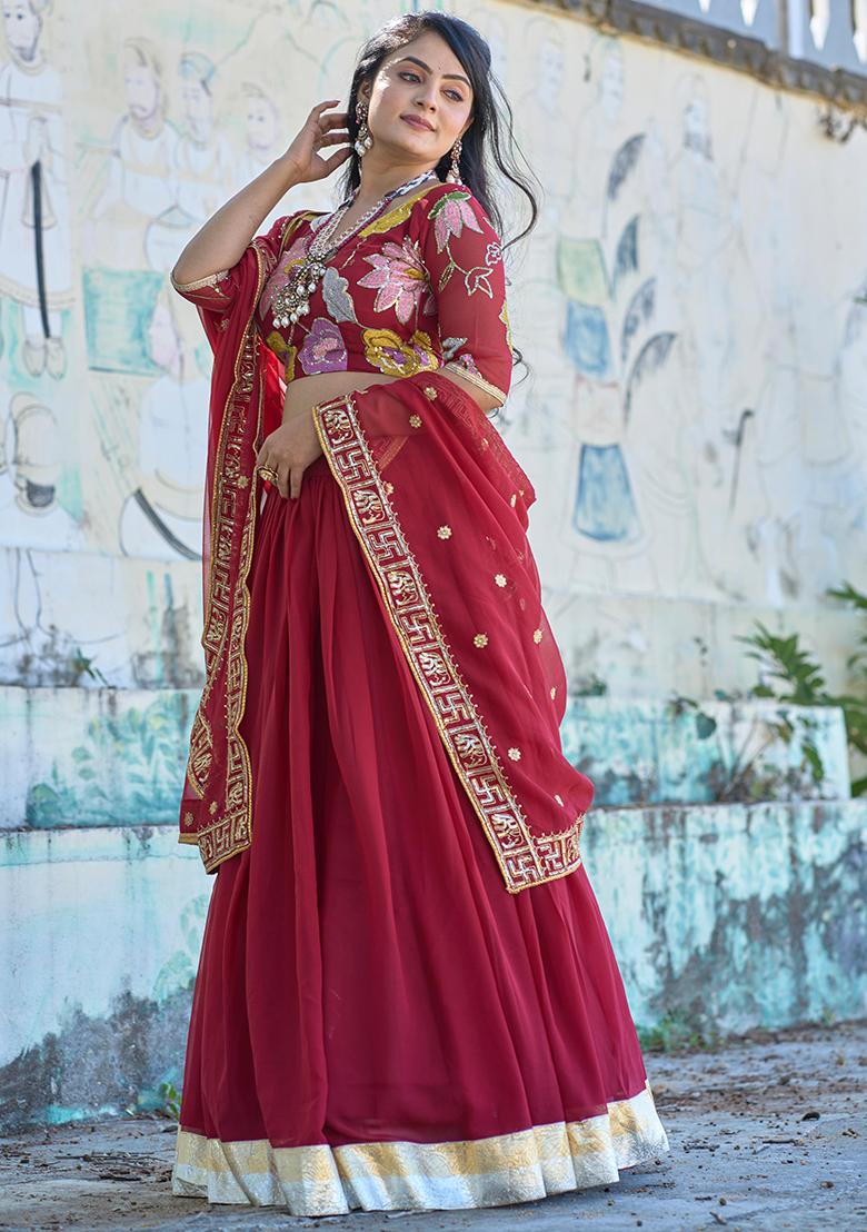 Maroon Embroidered Georgette Lehenga Set With Dupatta - Indya