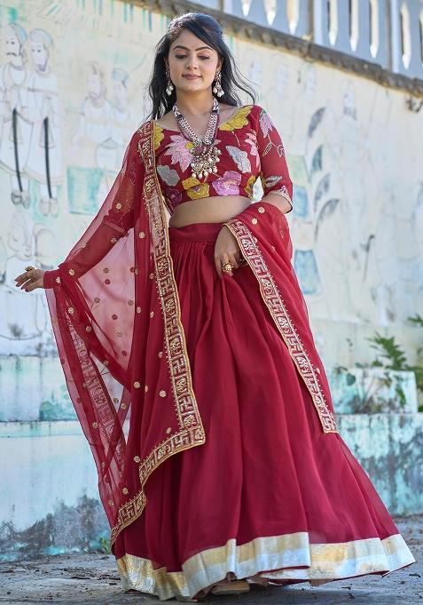 Maroon Embroidered Georgette Lehenga Set With Dupatta