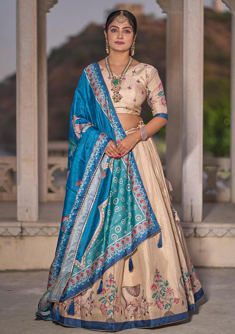 White Printed Silk Lehenga Set With Dupatta - Indya