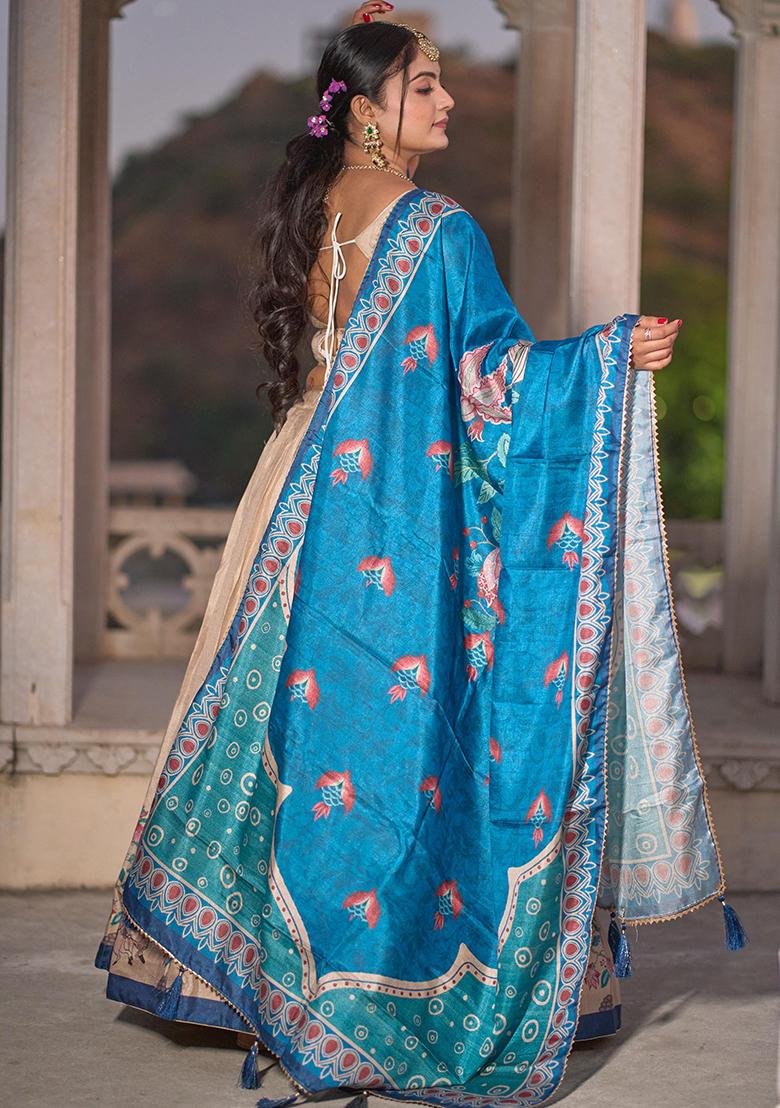 White Printed Silk Lehenga Set With Dupatta - Indya