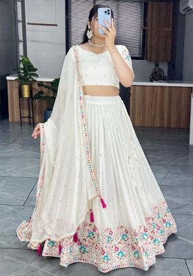 White Sequence Embroidery Georgette Lehenga Set With Dupatta