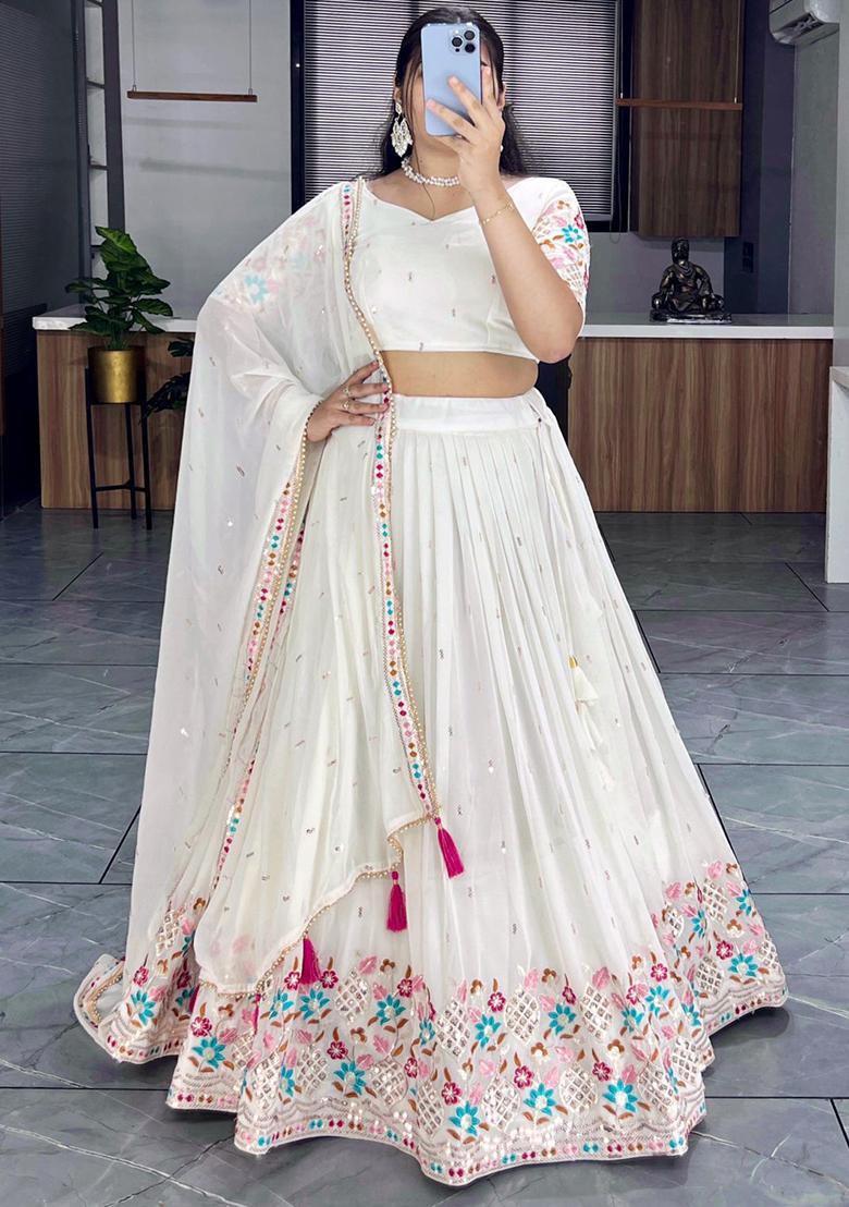White Sequence Embroidery Georgette Lehenga Set With Dupatta - Indya