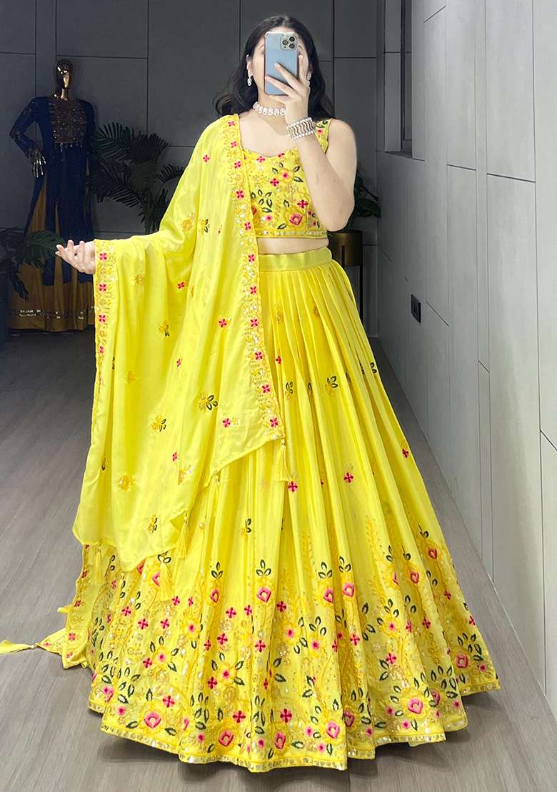 Yellow Sequence Embroidery Chinon Lehenga Set With Dupatta for Diwali and Festive Wear - Indya