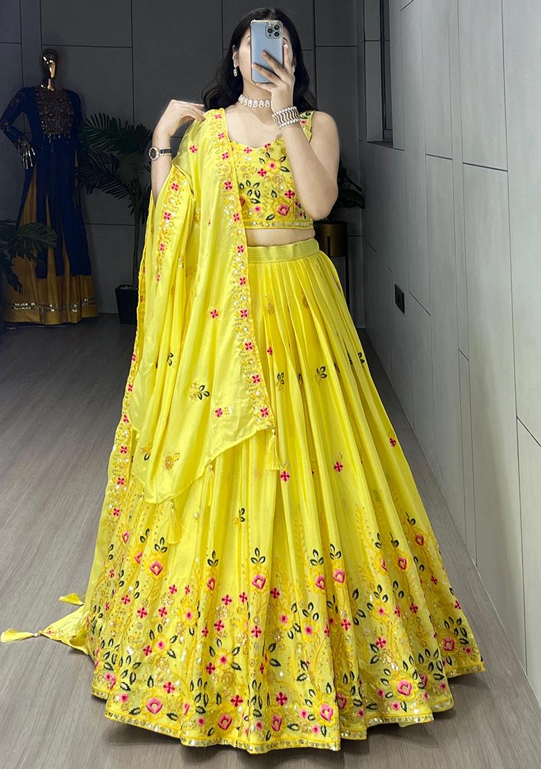 Yellow Sequence Embroidery Chinon Lehenga Set With Dupatta - Indya