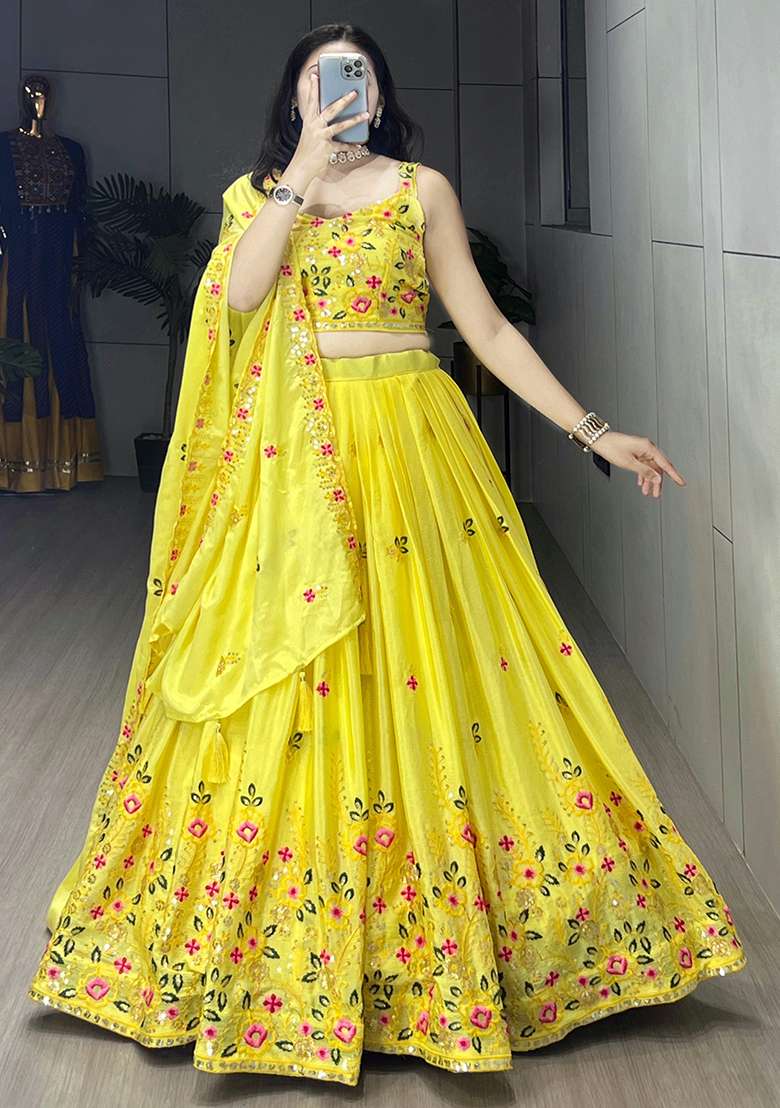 Yellow Sequence Embroidery Chinon Lehenga Set With Dupatta for Diwali and Festive Wear - Indya