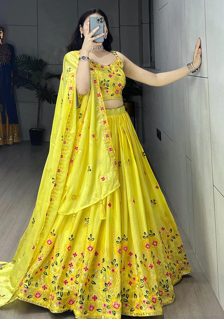 Yellow Sequence Embroidery Chinon Lehenga Set With Dupatta - Indya