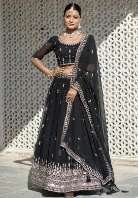 Black Sequence Embroidery Georgette Lehenga Set With Dupatta