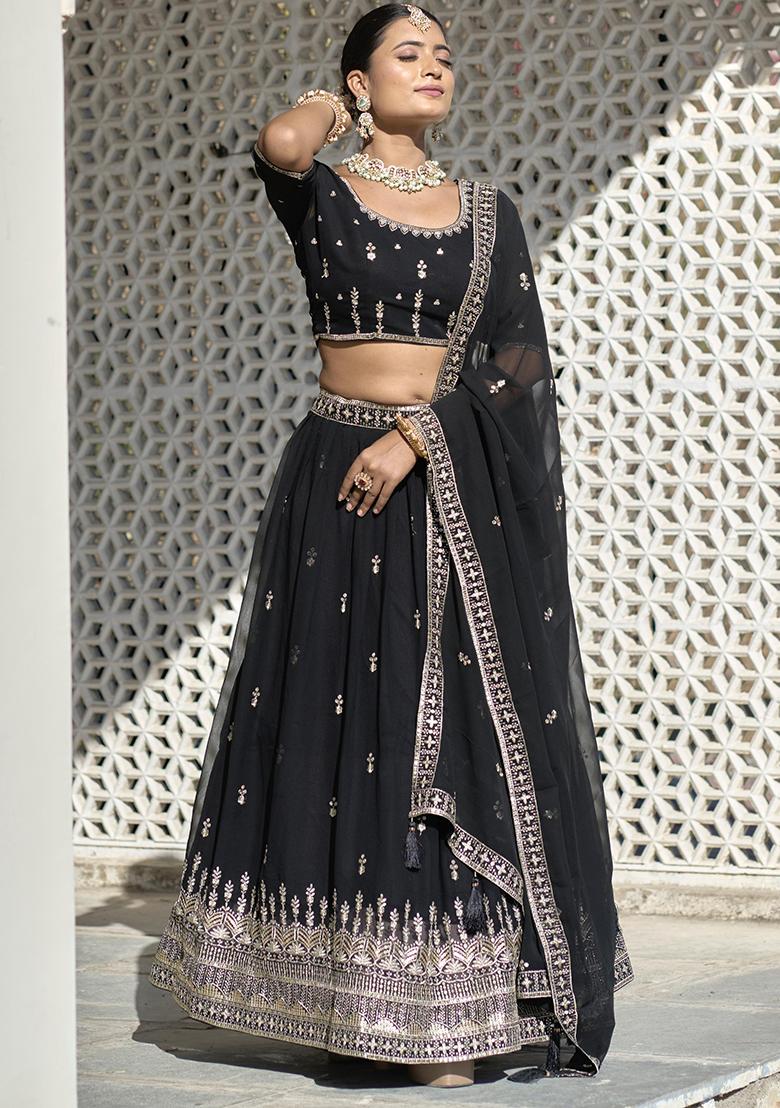 Black Sequence Embroidery Georgette Lehenga Set With Dupatta - Indya