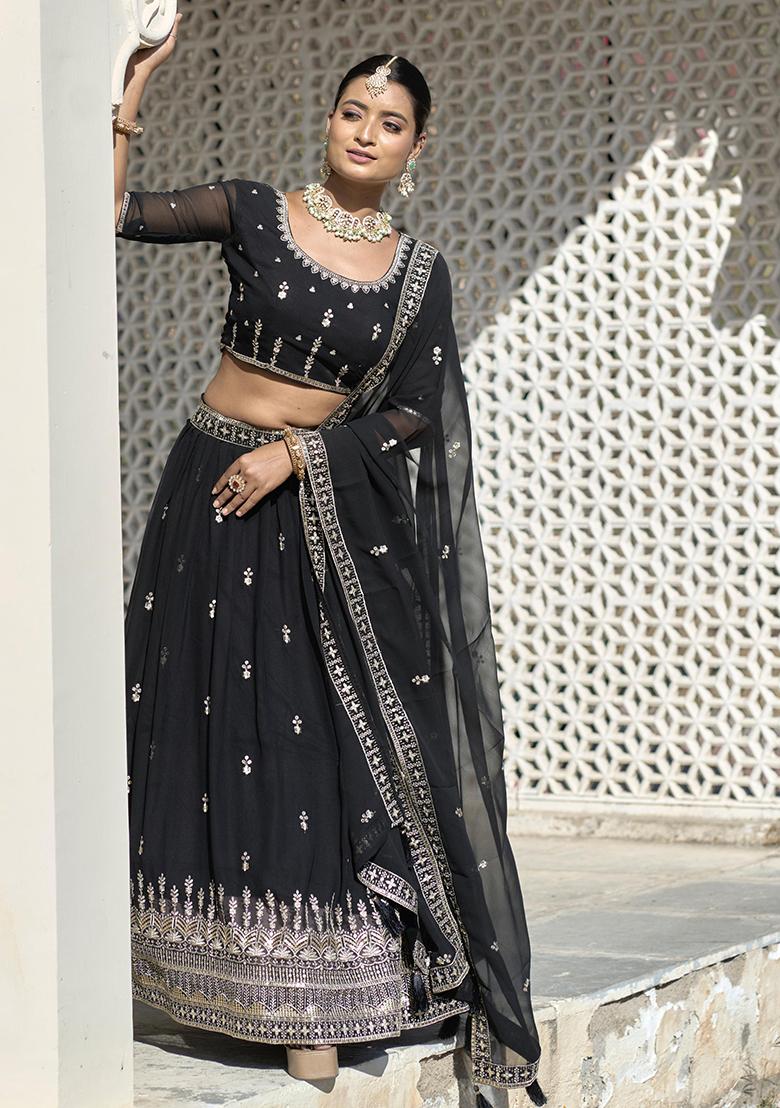 Black Sequence Embroidery Georgette Lehenga Set With Dupatta - Indya