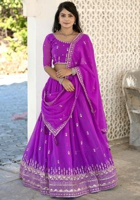 Purple Sequence Embroidery Georgette Lehenga Set With Dupatta