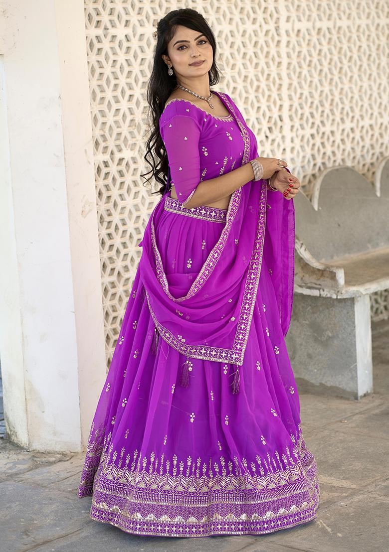 Purple Sequence Embroidery Georgette Lehenga Set With Dupatta - Indya