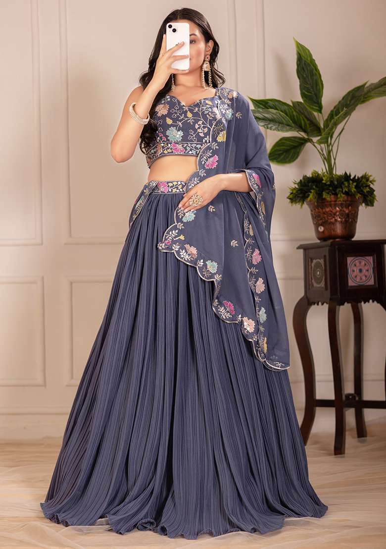 Grey Embroidered Georgette Lehenga Set With Dupatta for Diwali and Festive Wear - Indya
