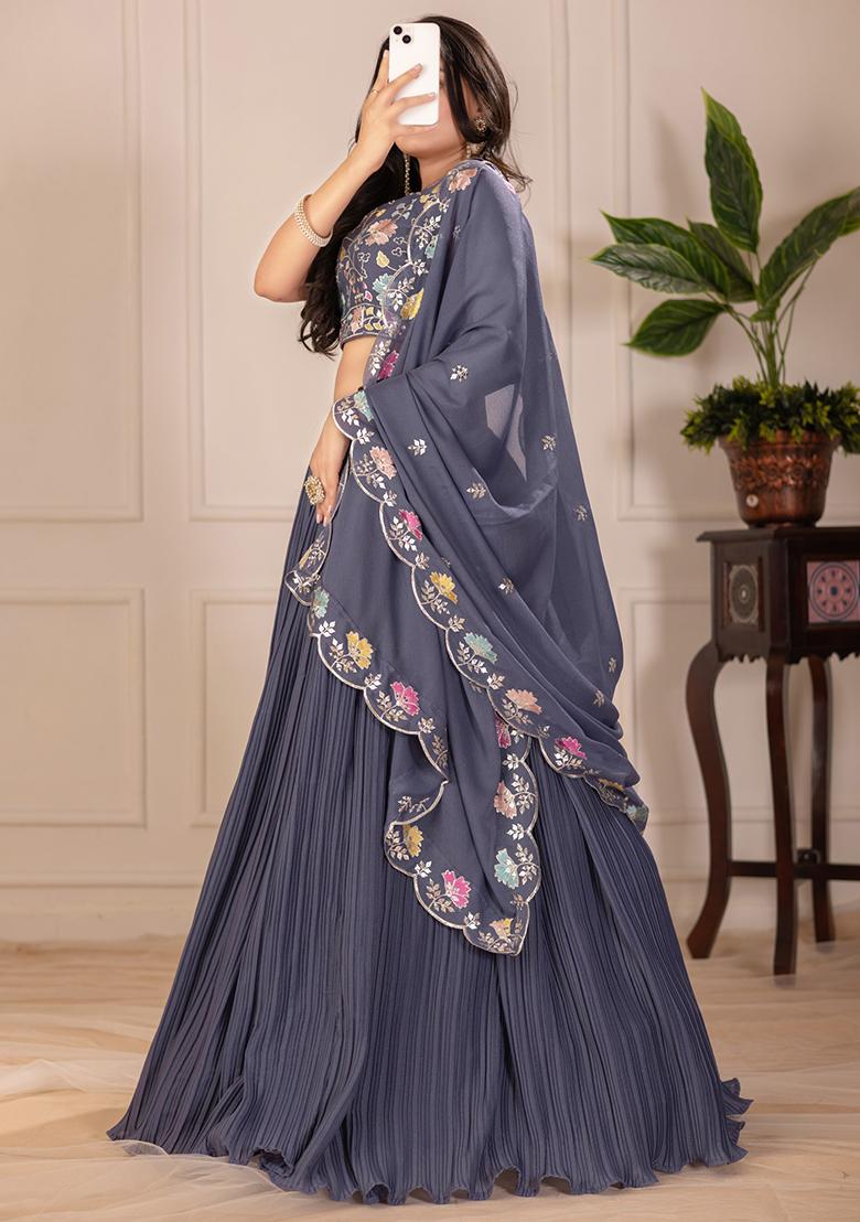 Grey Embroidered Georgette Lehenga Set With Dupatta - Indya