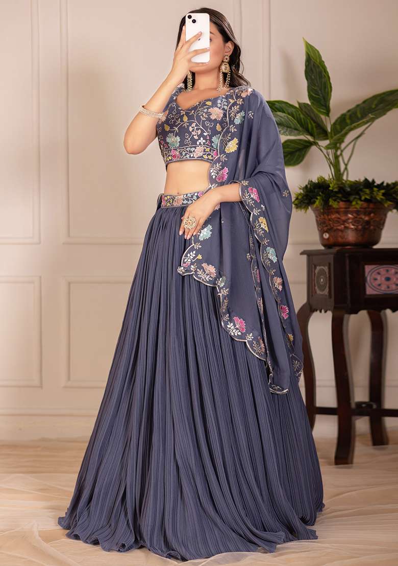 Grey Embroidered Georgette Lehenga Set With Dupatta for Diwali and Festive Wear - Indya