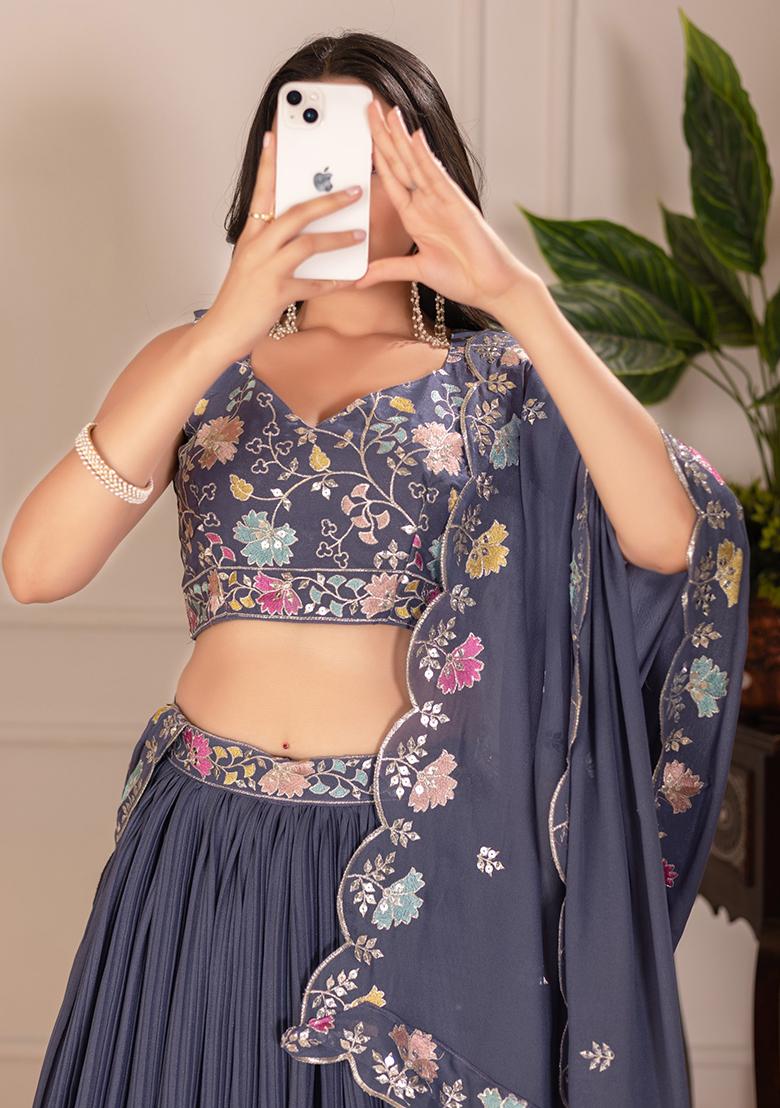 Grey Embroidered Georgette Lehenga Set With Dupatta - Indya