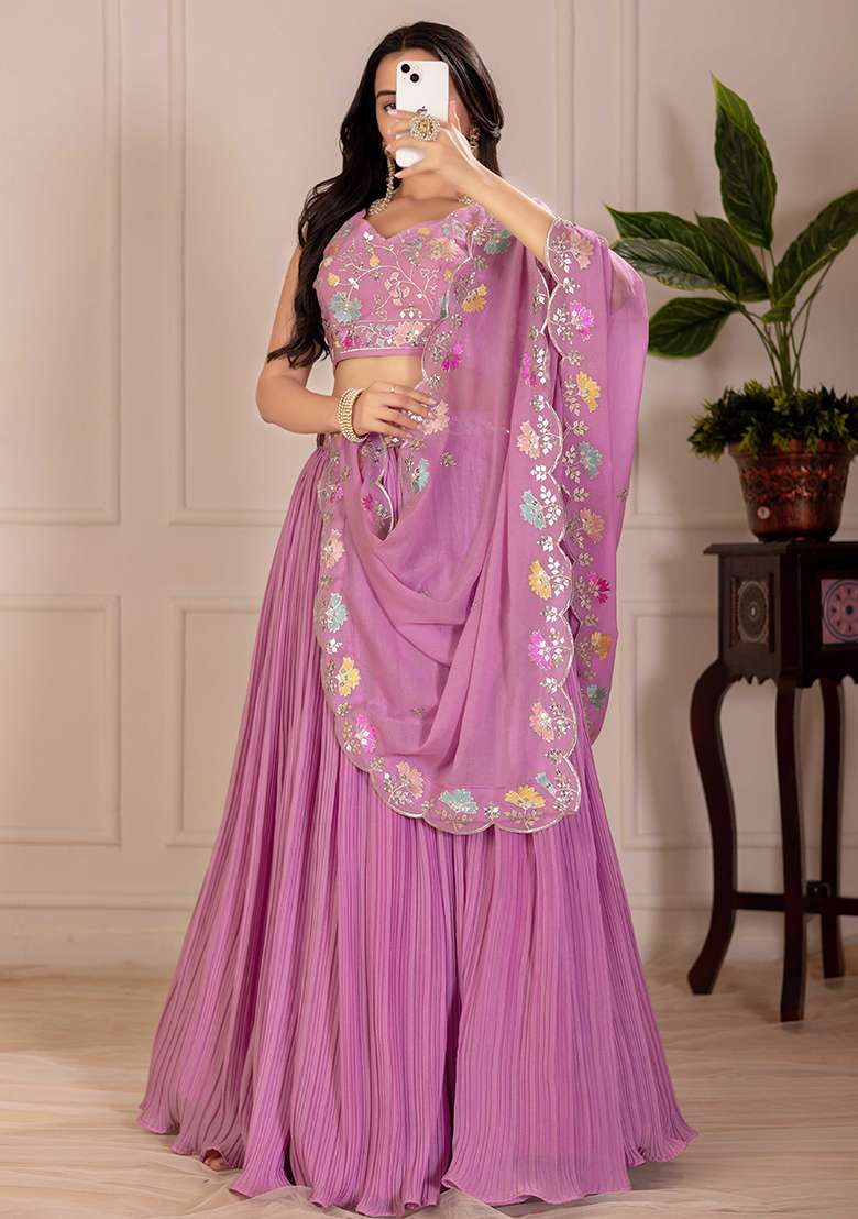 Pink With Dupatta Georgette Lehenga Set with Embroidered for Diwali | Wedding & Festive Wear - Indya