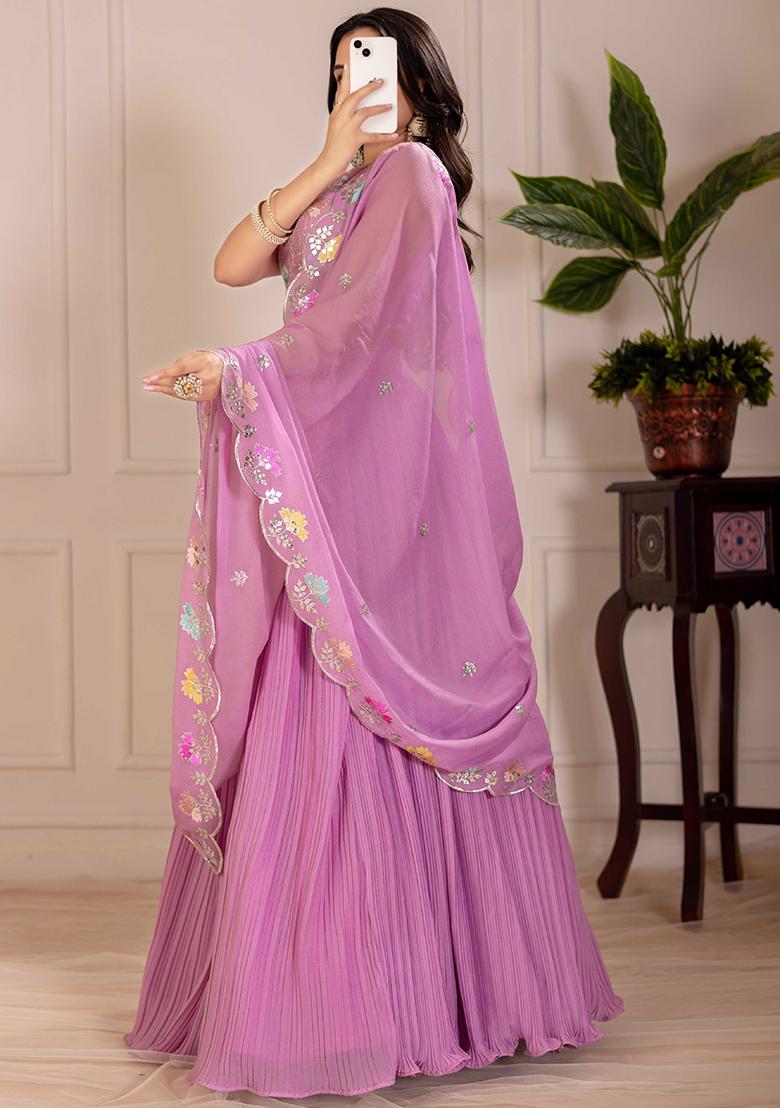 Pink Embroidered Georgette Lehenga Set With Dupatta - Indya