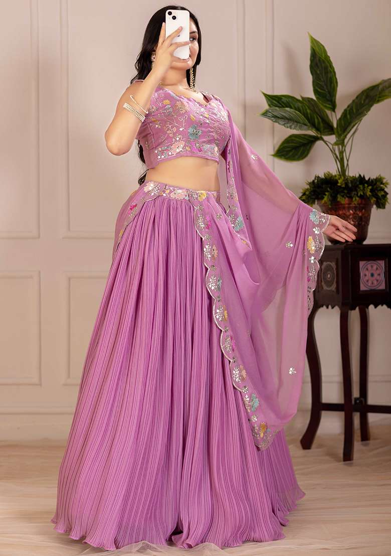 Pink With Dupatta Georgette Lehenga Set with Embroidered for Diwali | Wedding & Festive Wear - Indya
