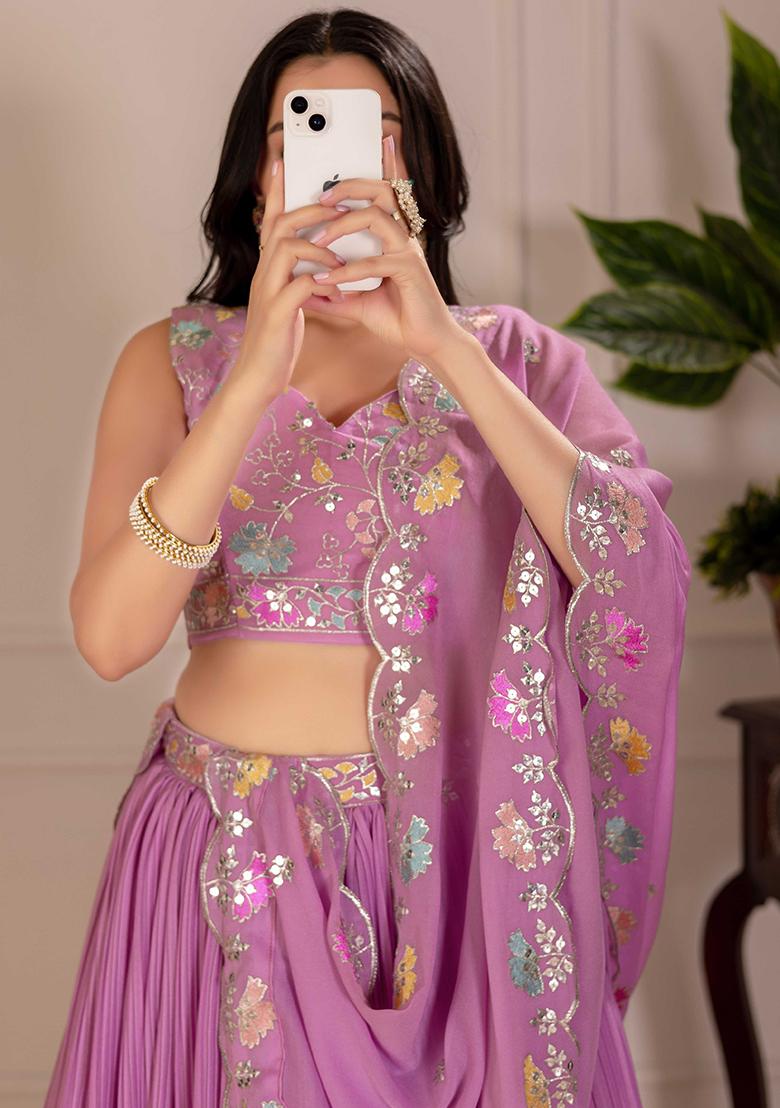 Pink Embroidered Georgette Lehenga Set With Dupatta - Indya