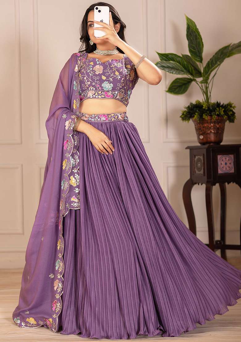 Purple Embroidered Georgette Lehenga Set With Dupatta for Diwali and Festive Wear - Indya