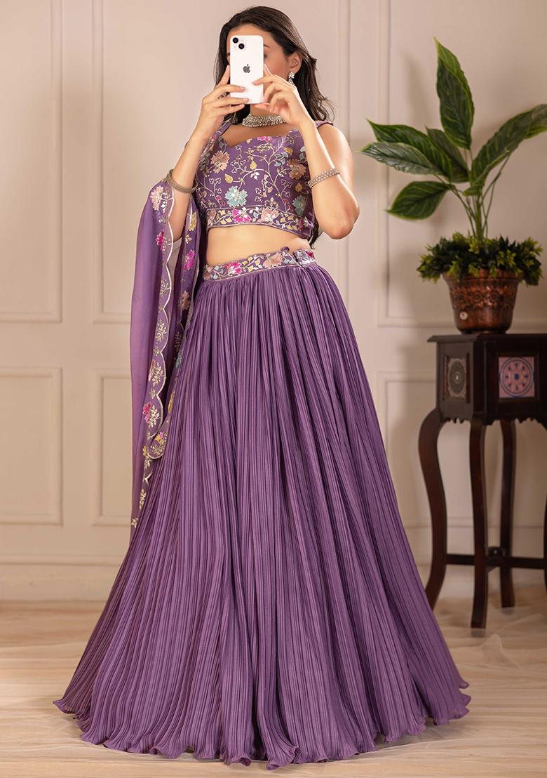 Purple Embroidered Georgette Lehenga Set With Dupatta - Indya
