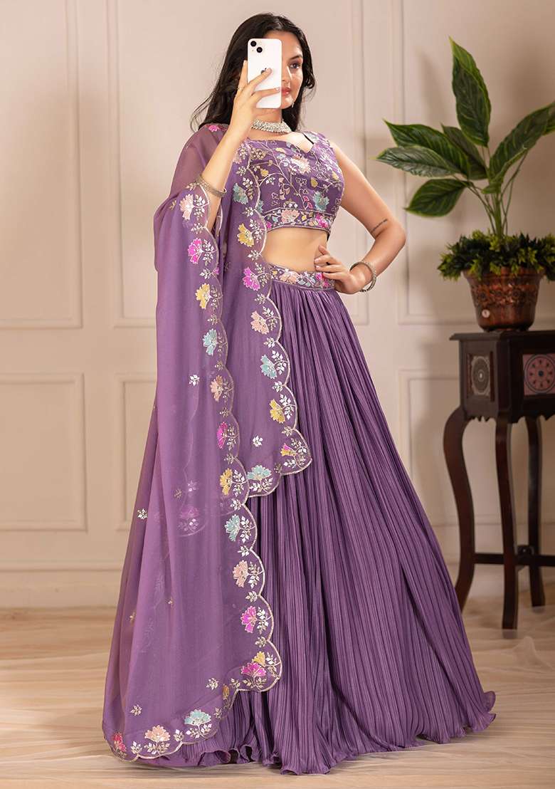 Purple Embroidered Georgette Lehenga Set With Dupatta for Diwali and Festive Wear - Indya
