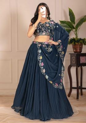 Blue Embroidered Georgette Lehenga Set With Dupatta