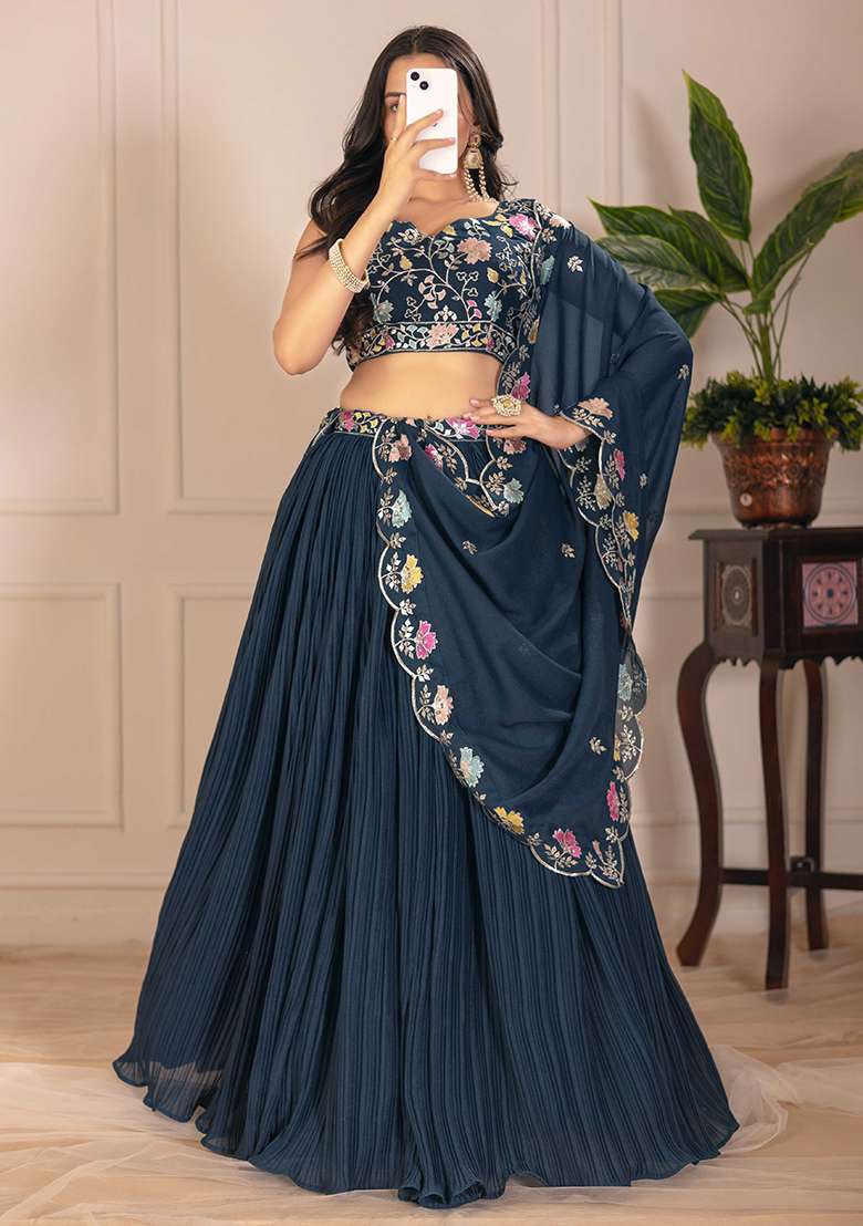 Blue Embroidered Georgette Lehenga Set With Dupatta for Diwali and Festive Wear - Indya