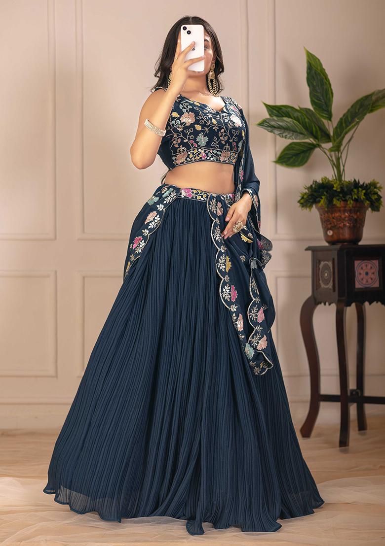 Blue Embroidered Georgette Lehenga Set With Dupatta - Indya