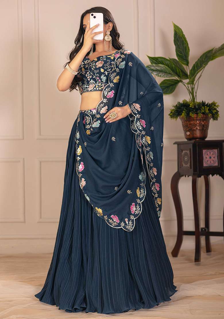 Blue Embroidered Georgette Lehenga Set With Dupatta for Diwali and Festive Wear - Indya