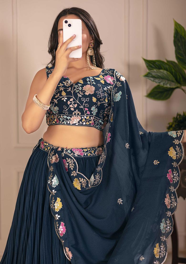 Blue Embroidered Georgette Lehenga Set With Dupatta - Indya
