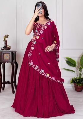 Red Embroidered Georgette Lehenga Set With Dupatta
