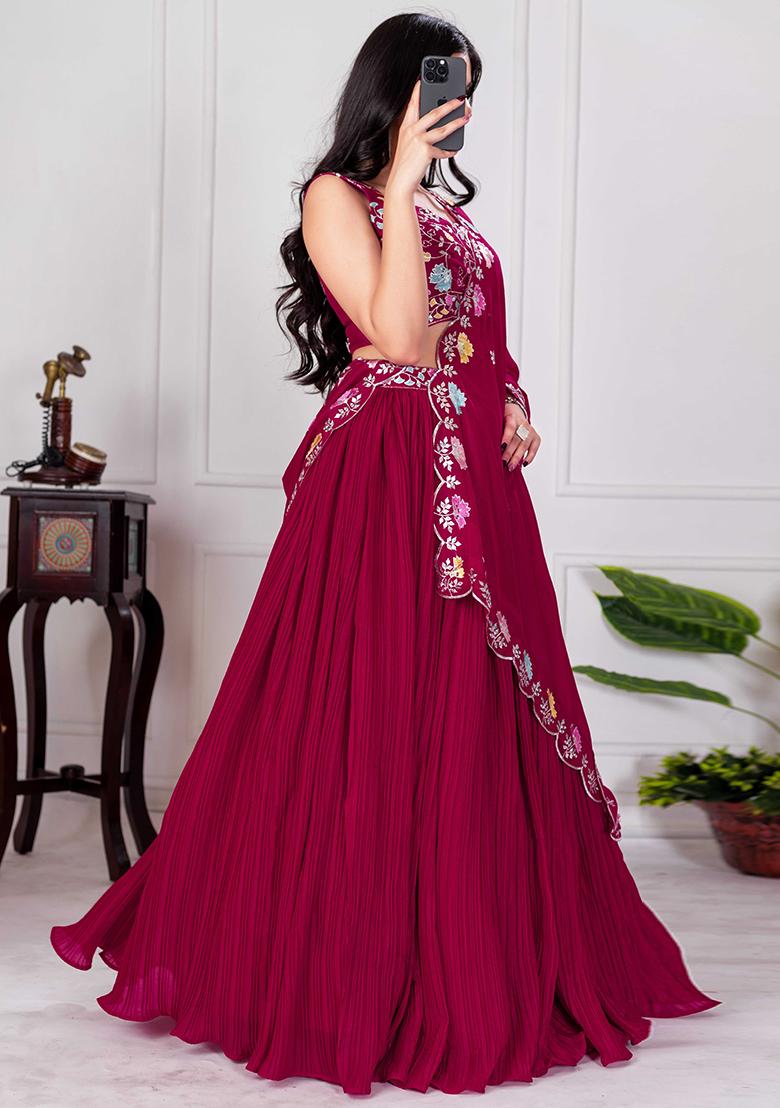Red Embroidered Georgette Lehenga Set With Dupatta - Indya