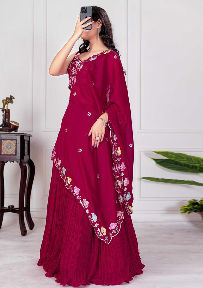 Red Embroidered Georgette Lehenga Set With Dupatta - Indya