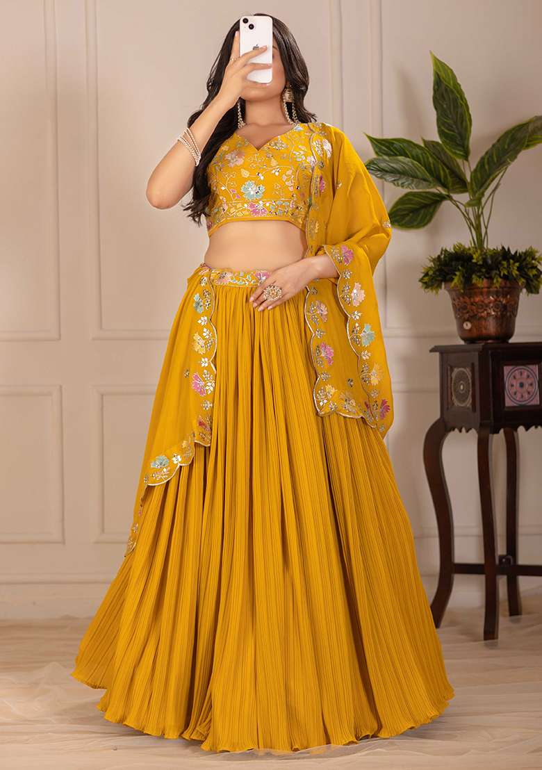 Yellow Embroidered Georgette Lehenga Set With Dupatta for Diwali and Festive Wear - Indya