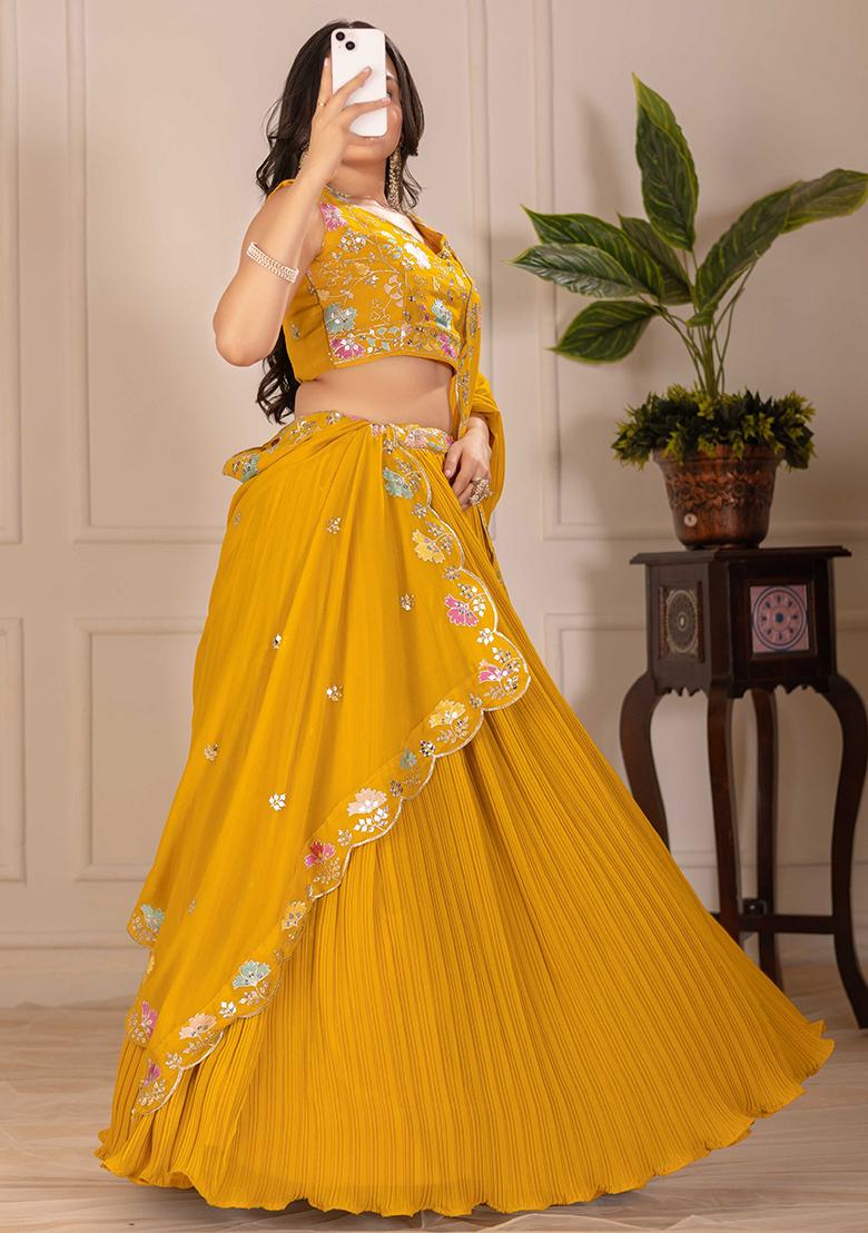Yellow Embroidered Georgette Lehenga Set With Dupatta - Indya