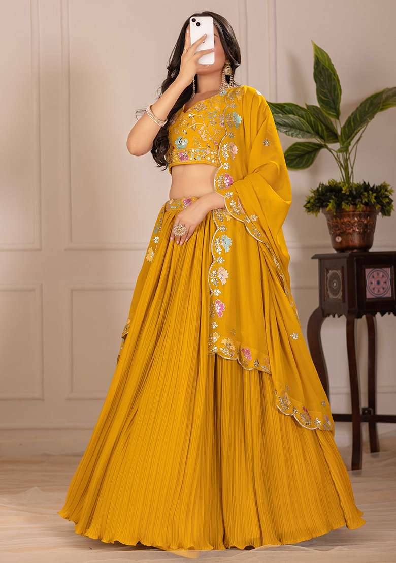 Yellow Embroidered Georgette Lehenga Set With Dupatta for Diwali and Festive Wear - Indya