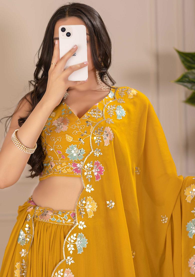 Yellow Embroidered Georgette Lehenga Set With Dupatta - Indya