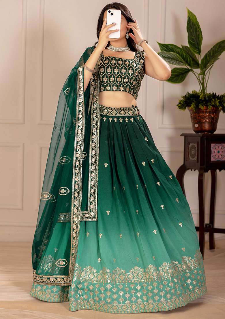 Green Sequence With Dupatta Silk Blend Lehenga Set with Embroidery for Diwali | Wedding & Festive Wear - Indya