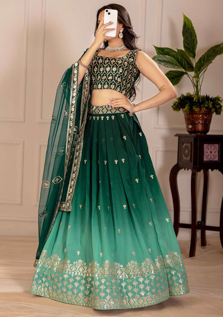 Green Sequence With Dupatta Silk Blend Lehenga Set with Embroidery for Diwali | Wedding & Festive Wear - Indya