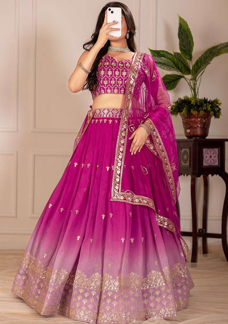 Pink Sequence Embroidery Silk Blend Lehenga Set With Dupatta for Diwali and Festive Wear - Indya