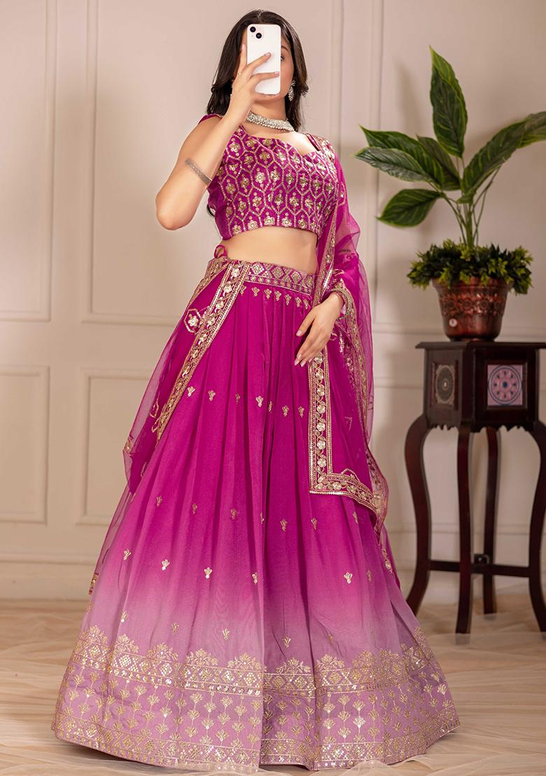 Pink Sequence Embroidery Silk Lehenga Set With Dupatta - Indya